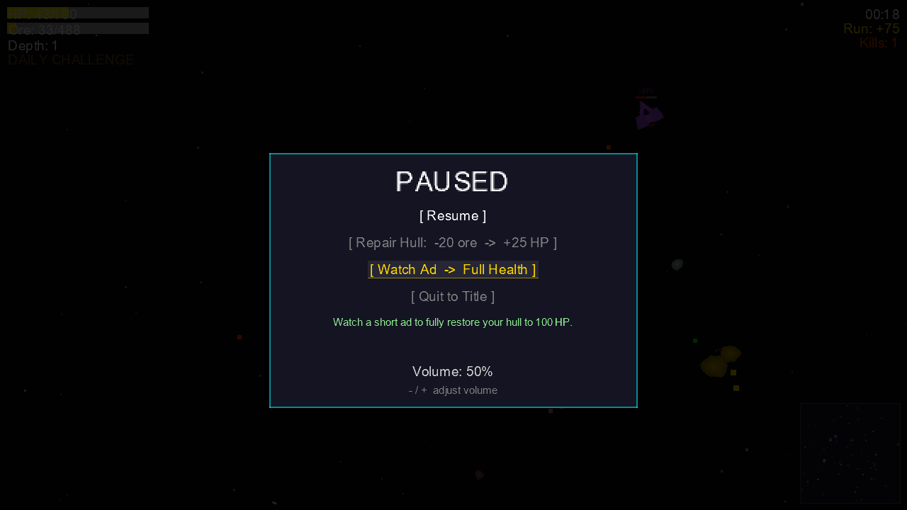 Pause menu: watch an ad to restore full health
