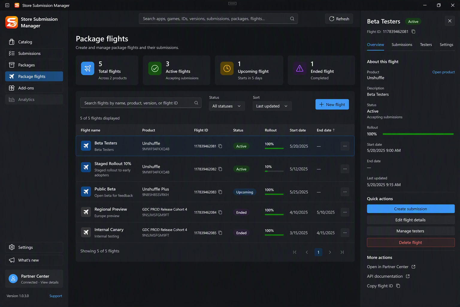 Store Submission Manager package flights overview